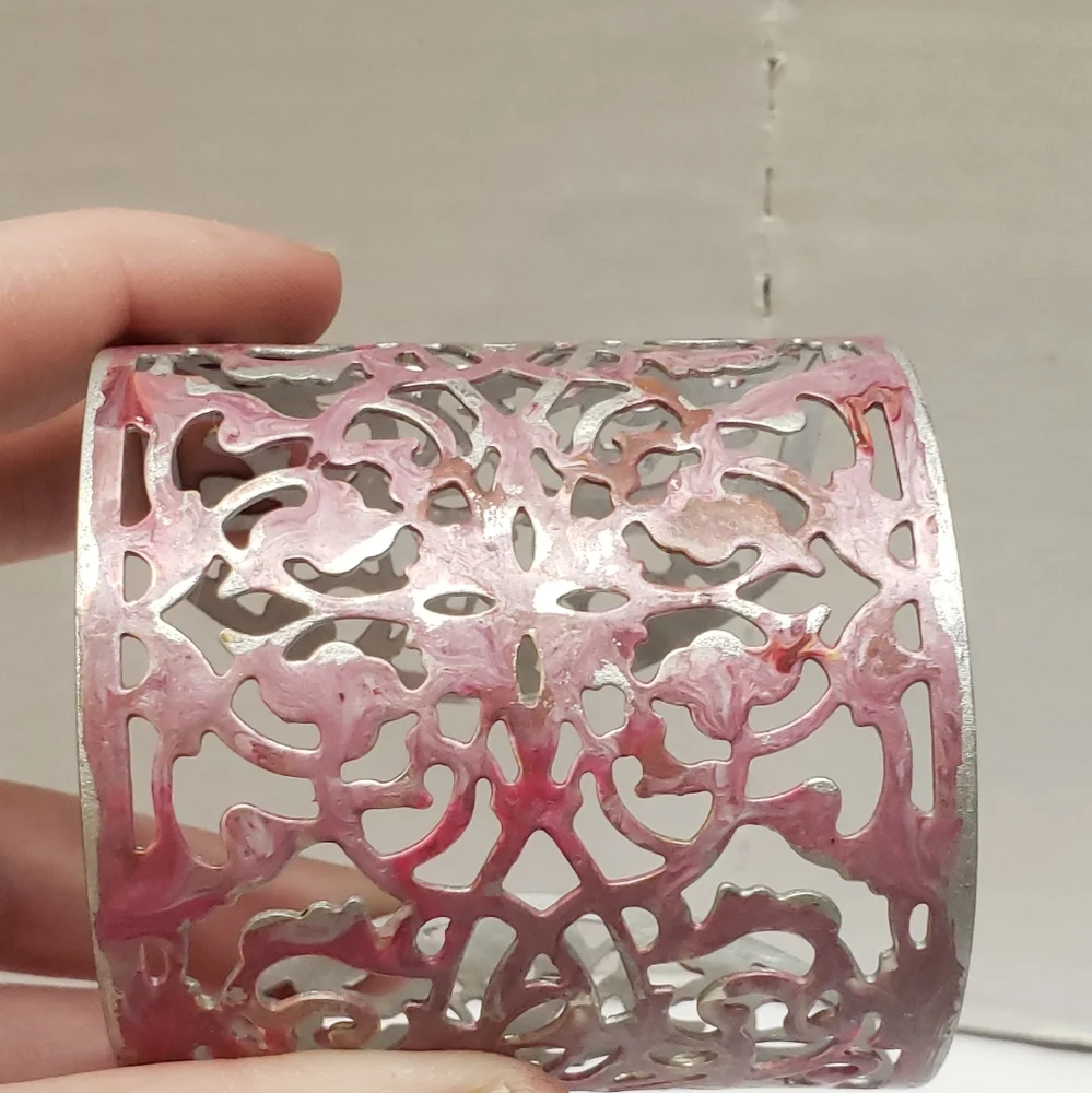 Hand Painted Abstract Pink & Silver Cuff Bracelet Filigree Statement Bracelet